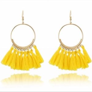 🌸3/$25 🆕 Boho Festival Gold Hoop Yellow Tassel Fringe Dangle Earrings